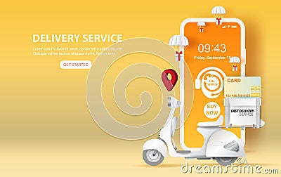 Illustration of smartphone with Online delivery service application concept.Holiday Summer season.Motorcycle ship Paper cut and Vector Illustration