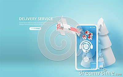 Illustration of smartphone with paper plane gift Online delivery service application concept.Merry Christmas season.Paper cut and Vector Illustration