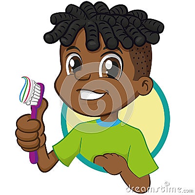 Illustration of a smiling Afro-descendant boy holding a toothbrush encouraging oral hygiene Vector Illustration