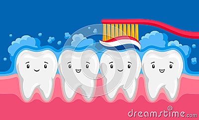 Illustration of smiling clean teeth brushing paste in oral cavity. Vector Illustration