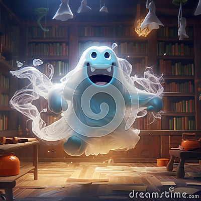 Smiling ghost in the library, Halloween concept Cartoon Illustration