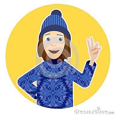 Illustration with smiling girl in sweater, hat and victory hand with speechbubble Vector Illustration