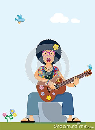 Illustration of a smiling hippie with the peace symbol Vector Illustration