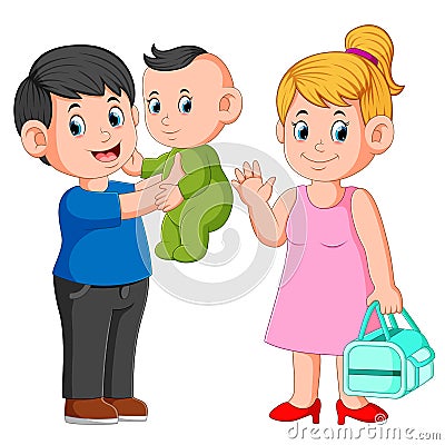 Smiling mother and father holding their newborn baby Vector Illustration