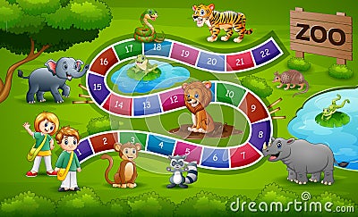 Snakes and ladders game zoo theme Vector Illustration