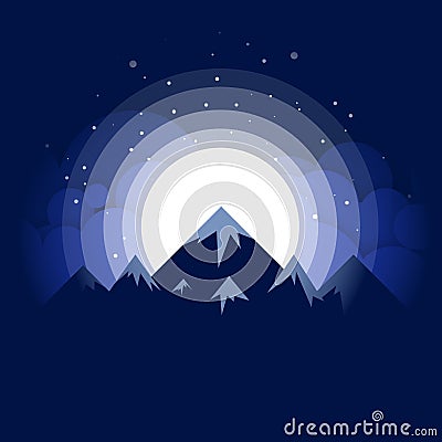 Illustration of the snow-capped mountains against the background of the full moon among the clouds at night. Mountain Vector Illustration