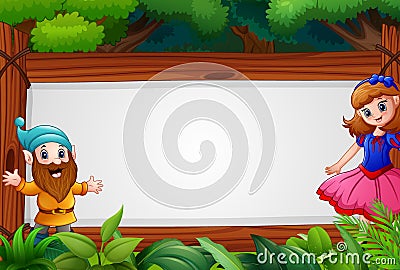 Snow white with dwarf and the blank sign Vector Illustration