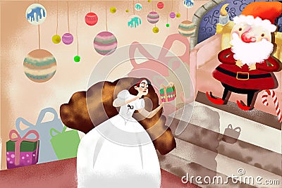 Illustration: Snow White Get a Gift with Magic Spell from Santa Claus, then She gets Sleep. Stock Photo