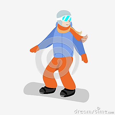 Snowboarder in goggles in blue down jacket and orange pants on a white background. Vector Illustration