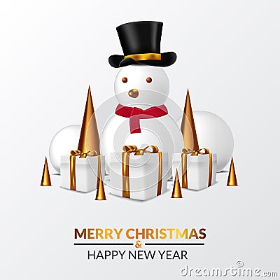 Illustration of snowman character for winter season with present gift box package and golden cone decoration for christmas and Stock Photo
