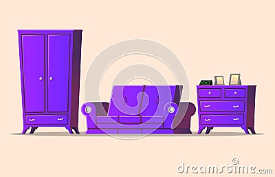 Illustration of a sofa and chest of drawers on a beige background. Stock Photo