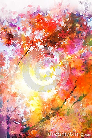 Illustration soft colorful autumn forest. Abstract fall season yellow red maple leaf on tree outdoor landscape. Stock Photo