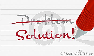 Illustration on problem solving, a pen writes the words problem and solution, with the word problem being crossed out Stock Photo