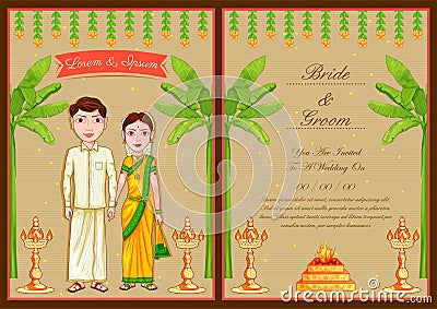 Couple on Indian Wedding invitation template background Cartoon Illustration