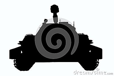 Illustration of a Soviet tank in black outline on a white background for clipping. Foreground Cartoon Illustration