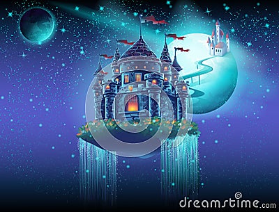 Illustration space castle with a waterfall on the background of the planet Vector Illustration