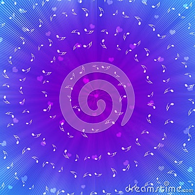 Spiral White Music Notes and Blurred Hearts in Blue and Purple Background Stock Photo
