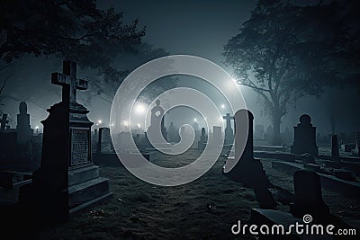 illustration of a spooky graveyard at night, with eerie fog creeping over the tombstones Halloween Cartoon Illustration