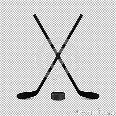 Illustration of sports set - two realistic crossed hockey sticks and puck. Design templates in vector. Closeup isolated Vector Illustration