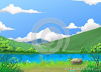 Illustration: Spring: The Beautiful River Side by the Mountain with Green Fresh Grass and Flowers, after Raining. Stock Photo