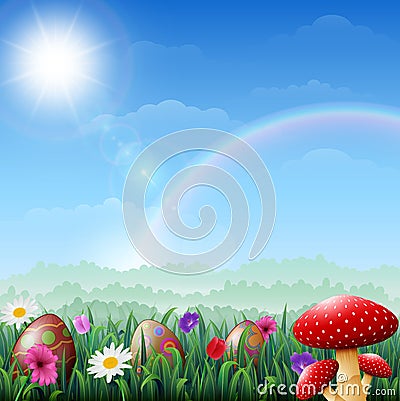 Spring Easter background. Easter eggs in grass with flowers and red mushroom Vector Illustration