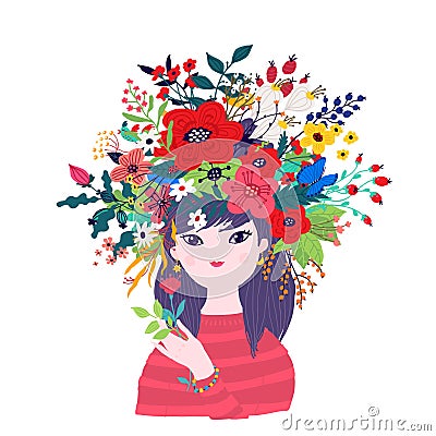 Illustration of a spring girl in a wreath of flowers. Vector. Illustration for banner, greeting card. Picture for March 8 and Vector Illustration