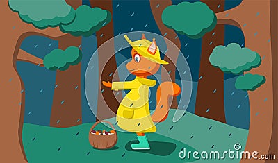 Illustration of a squirrel in a yellow coat in the forest in the rain. The beast collects mushrooms in a basket. Vector Illustration