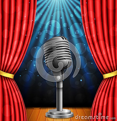 Stage with red curtians, microphone and spotlight. Vector Illustration