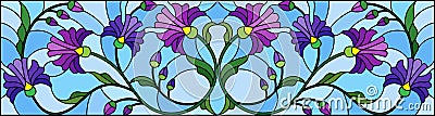 Stained glass illustration with abstract blue flowers on a blue background,horizontal orientation Vector Illustration