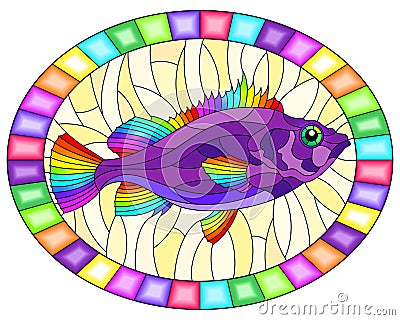 Stained glass illustration with abstract bright sea bass on a yellow background, oval image in bright frame Vector Illustration