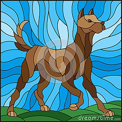 Stained glass illustration abstract in brown dog on a background of meadows and sky Vector Illustration