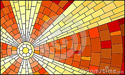 Stained glass illustration with abstract celestial landscape, sun with rays against the sky Vector Illustration