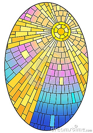 Stained glass illustration with abstract celestial landscape, sun with rays against the sky, oval image Vector Illustration