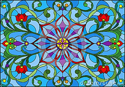 Stained glass illustration with abstract flowers, leaves and curls on blue background, horizontal orientation Vector Illustration