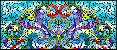 Stained glass illustration with abstract flowers, leaves and curls on a blue background, rectangular horizontal image Vector Illustration