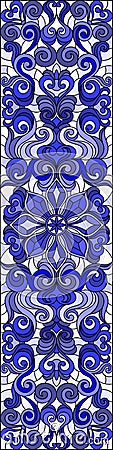 Stained glass illustration with abstract flowers, swirls and leaves on a light background,horizontal orientation, blue tone Vector Illustration