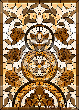 Stained glass illustration with abstract flowers, swirls and leaves on a light background,vertical orientation, tone brown, vert Vector Illustration