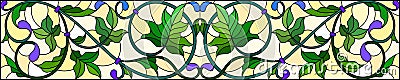 Stained glass illustration with abstract green swirls and leaves on a yellow background,horizontal orientation Vector Illustration