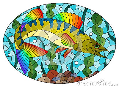 Stained glass illustration with an abstract pike perch fish on a background of algae, air bubbles and water, oval image Vector Illustration