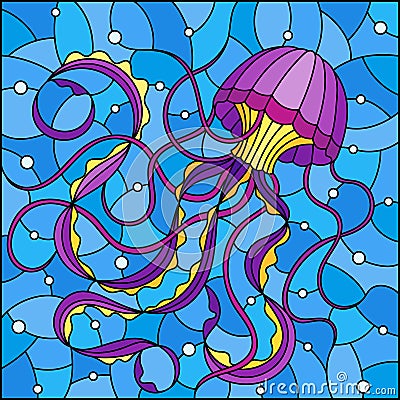 Stained glass illustration with abstract purple jellyfish against a blue sea and bubbles, square image Vector Illustration