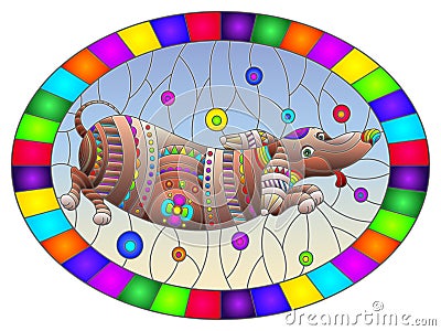 Stained glass illustration with abstract rainbow Dachshund dog on blue background,oval image in bright frame Vector Illustration