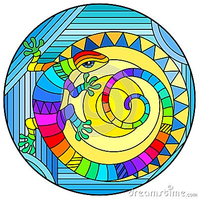 Stained glass illustration with abstract rainbow lizard and a sun on blue background, round image Vector Illustration