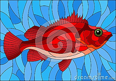 Stained glass illustration with abstract red sea bass on blue background Vector Illustration