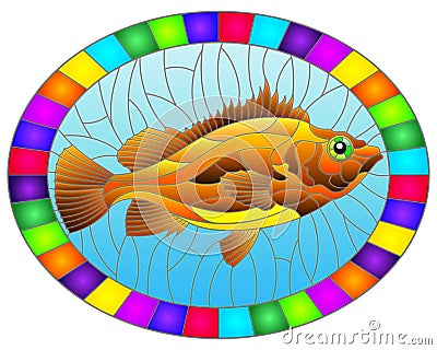 Stained glass illustration with abstract red sea bass on blue background, oval image in bright frame Vector Illustration