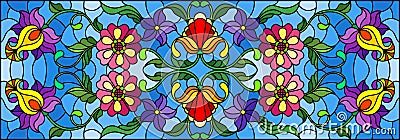 Stained glass illustration with abstract swirls,flowers and leaves on a blue background,horizontal orientation Vector Illustration