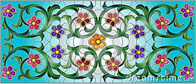 Stained glass illustration with abstract swirls,flowers and leaves on a blue background,horizontal orientation Vector Illustration