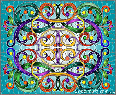 Stained glass illustration with abstract swirls,flowers and leaves on a blue background,horizontal orientation Vector Illustration