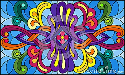 Stained glass illustration with abstract swirls,flowers and leaves on a blue background,horizontal orientation Vector Illustration