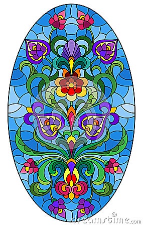 Stained glass illustration with abstract swirls,flowers and leaves on a blue background,vertical orientation, oval image Vector Illustration