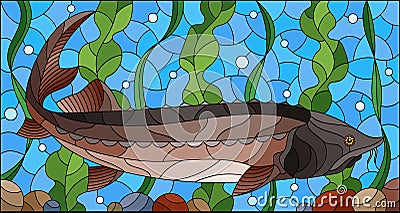 Stained glass illustration with beluga fish on the background of algae, air bubbles and water Vector Illustration